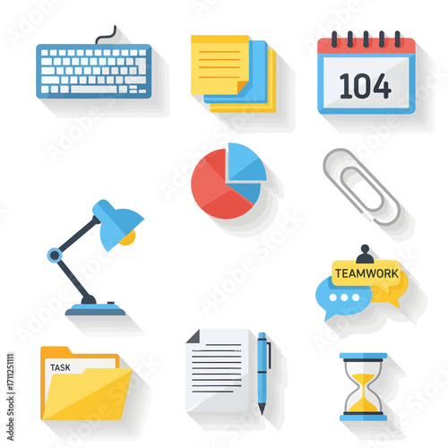 Vibrant Flat Design Vector Icons Representing Workplace, Organization, and Business Concepts