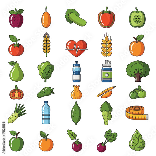 Healthy Food Vector Icons Vibrant Fruit and Vegetable Nutrition for Wellbeing