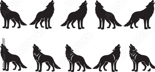 Wolf Silhouette Howling: A stylized silhouette of a solitary wolf is captured, the majestic creature mid-howl, its primal call echoing across the vast wilderness.