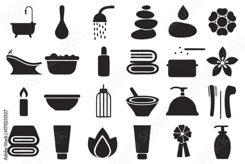 Spa and wellness icons, featuring bathtub, shower, soap, towels, candles, and essential oil for relaxation and beauty