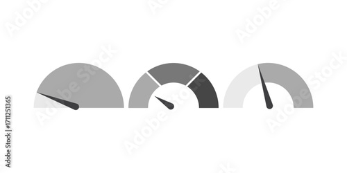 Set of vector speedometer icons isolated on white background. Automotive dashboard gauges showing speed levels and acceleration performance in car or transport concept