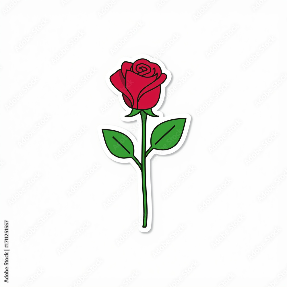 Fototapeta premium Illustration of a red rose with green leaves and stem on white background.