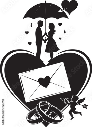 Couple under umbrella, love letter, rings, cupid, hearts