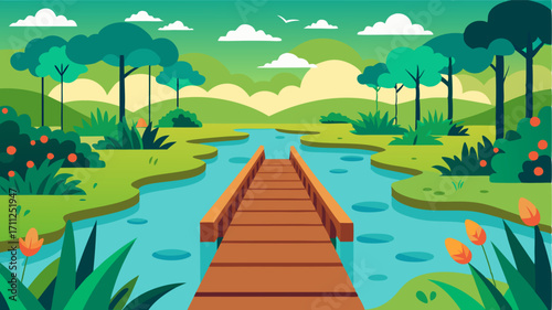 A wooden walkway floating above a vibrant wetland offering a birdseye view of the thriving ecosystem below.