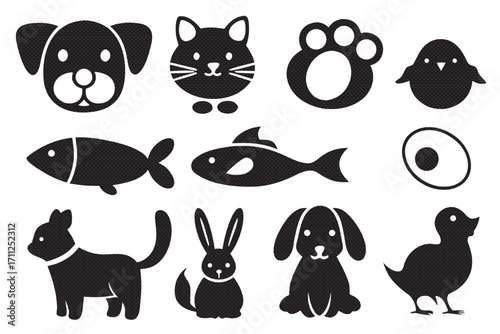Pet icons, featuring dog, cat, bird, fish, rabbit, and paw print for animal lovers and veterinary services