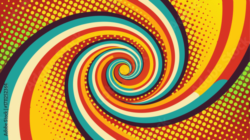 a vibrant, multi-colored spiral. The background is a mix of yellow and green with a halftone dot pattern, creating a dynamic and dizzying visual effect reminiscent of the 1960s.