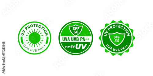 UV protect outline icon badge in round stamp label format ideal for product packaging, sunscreen branding, transparent background designs, skincare, and sun protection visuals