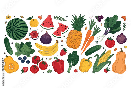Assortment of colorful fruits and vegetables arranged in a horizontal pattern healthy eating food