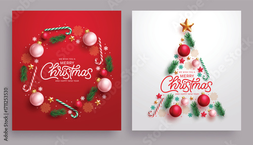 Merry Christmas greeting card clipart poster set. Christmas card and Christmas wishes clip art with round and pine tree shape of colorful ornament for holiday season poster collection vector 