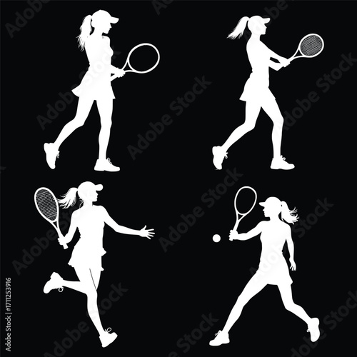 Dynamic Tennis Silhouette: A stylized collection of tennis player silhouettes, each capturing the fluid motion and energy of the sport against a stark background.