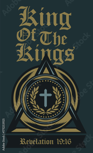 Elegant King of Kings Emblem with Cross Laurel Wreath and Text.