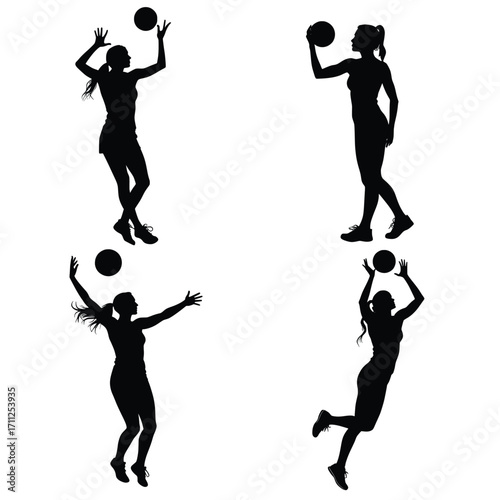 Volleyball Player Silhouette: A set of four silhouettes of volleyball players in dynamic action poses, showcasing the athleticism and grace of the sport.