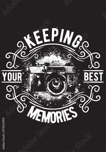 Vintage Camera Graphic: Distressed White Design Keeping Your Best Memories.