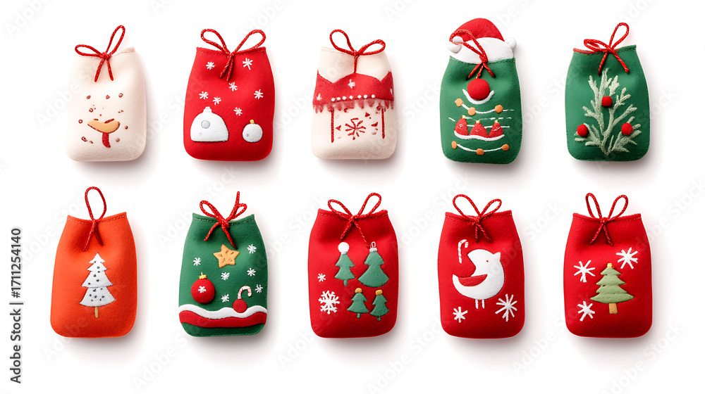 Fototapeta premium Christmas decorations on white background with ornaments, snowflakes, and festive elements. Perfect for holiday wallpaper, backgrounds, or seasonal designs.