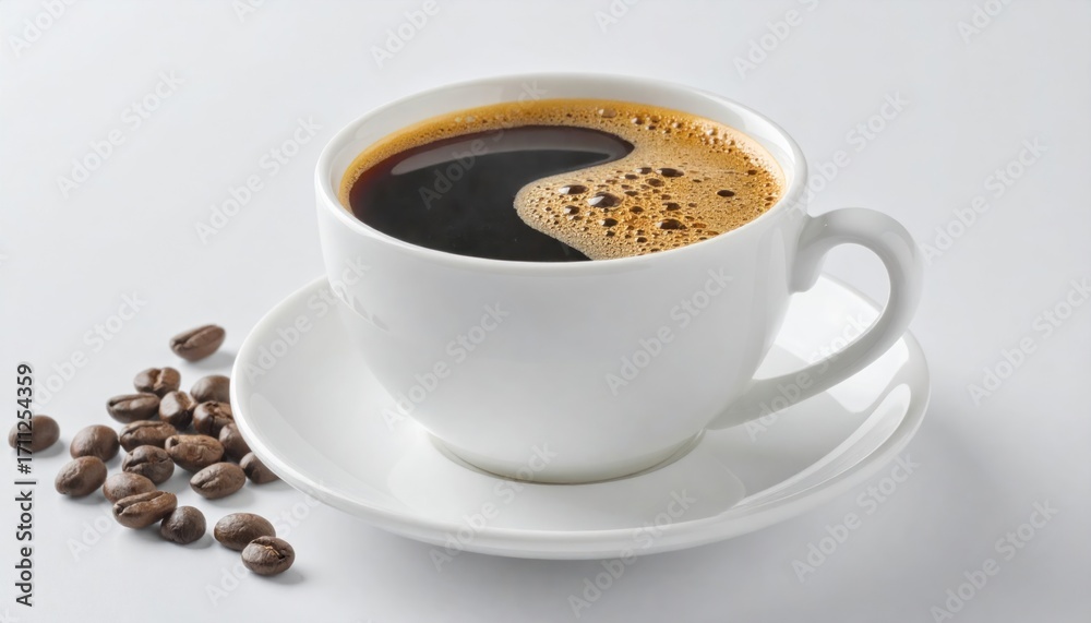 Fototapeta premium A cup of dark coffee rests on a saucer with scattered beans on a white surface, creating a simple and inviting beverage scene
