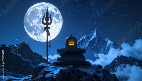 Night scene mountain peak shrine, snow-capped, illuminated by a large moon and stars. Tranquil and mystical