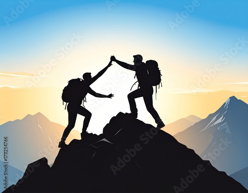 Two hikers celebrate success atop a mountain peak at sunrise, silhouetted against a colorful sky and jagged mountain range