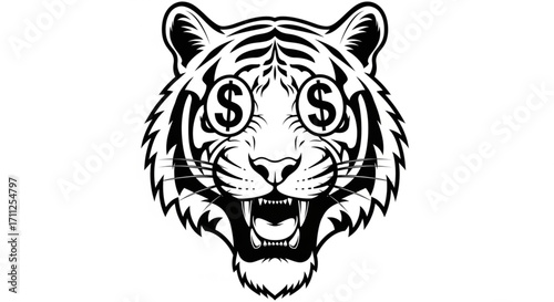 Intense black and white illustration of a tigers face with dollar signs for eyes, conveying a sense of aggressive financial pursuit, predatory wealth, and highstakes business
