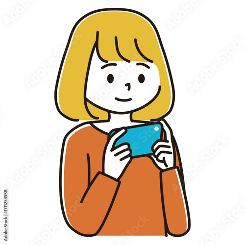 スマホでゲームをする女性のイラスト