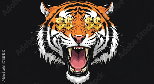 Fierce tiger roaring with dollar signs for eyes, representing financial aggression and the pursuit of wealth, on a black background