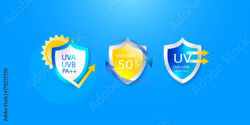 UV ultraviolet protection badge vector collection with SPF safety guarantee labels icons for skincare and sunscreen packaging design isolated on white background
