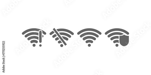 Wi-Fi icon vector collection showing different connection states like no signal secure link limited access network error and connectivity levels for tech designs