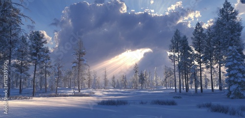 Serene winter landscape with snowy trees and sun rays piercing through the clouds, creating a peaceful, ethereal atmosphere