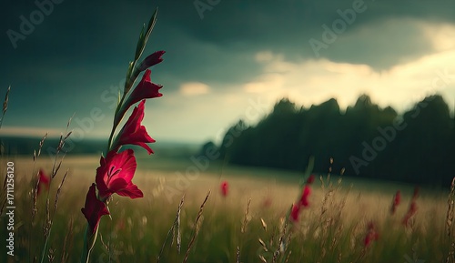 Red gladiolus flower in a field under a dramatic sky