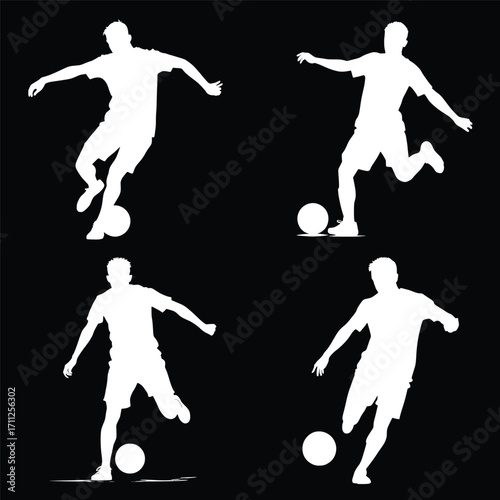 Soccer Player Silhouettes in Action: Dynamic silhouettes of a soccer player in various poses showcase the energy and agility of the sport, set against a contrasting dark backdrop. 