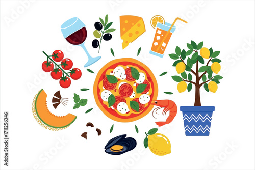 Margherita pizza with tomatoes olives cheese wine and fruits mozzarella basil