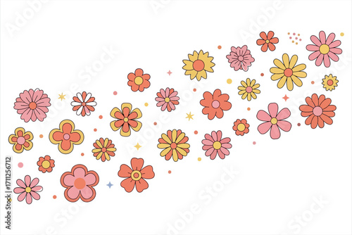 Retro flowers and stars scattered on a white background floral