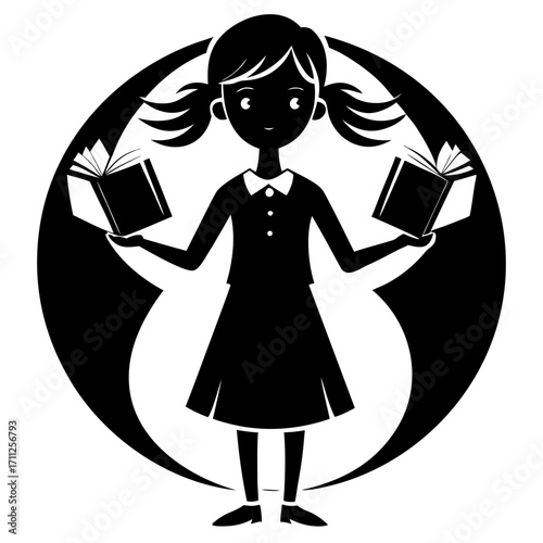 Black and white vector illustration of a cartoon sketch of two standing people, a boy and a woman, with an agenda