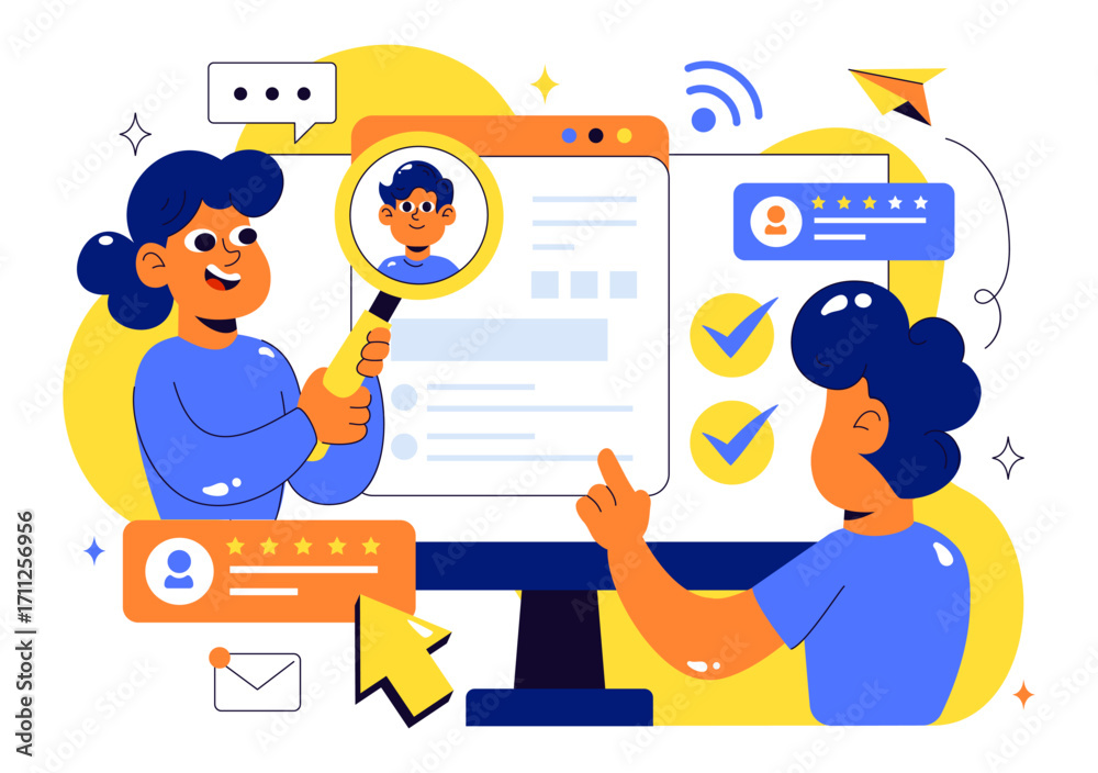 Obraz premium Online Job Fair Vector Illustration featuring We Are Hiring with Recruitment, Resume Selection Process, and Agency Interview in a Flat Background