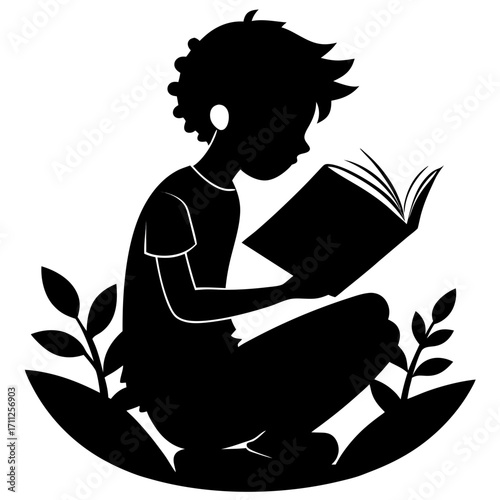 Vector art of a femme silhouette reading a book with flowers in her hair