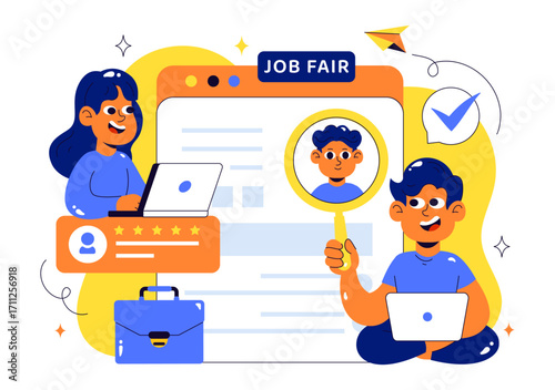 Online Job Fair Vector Illustration featuring We Are Hiring with Recruitment, Resume Selection Process, and Agency Interview in a Flat Background