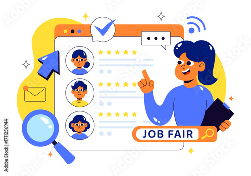 Online Job Fair Vector Illustration featuring We Are Hiring with Recruitment, Resume Selection Process, and Agency Interview in a Flat Background