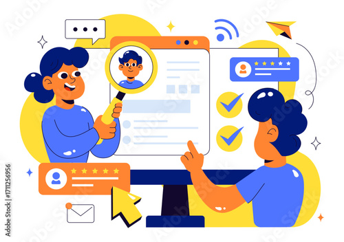 Online Job Fair Vector Illustration featuring We Are Hiring with Recruitment, Resume Selection Process, and Agency Interview in a Flat Background