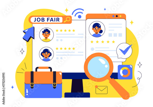 Online Job Fair Vector Illustration featuring We Are Hiring with Recruitment, Resume Selection Process, and Agency Interview in a Flat Background