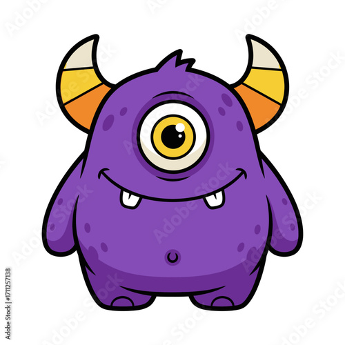 Cartoon Purple Monster with One Eye, Horns, and a Friendly Smile.