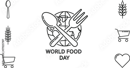 World Food Day line icon set with spoon and fork