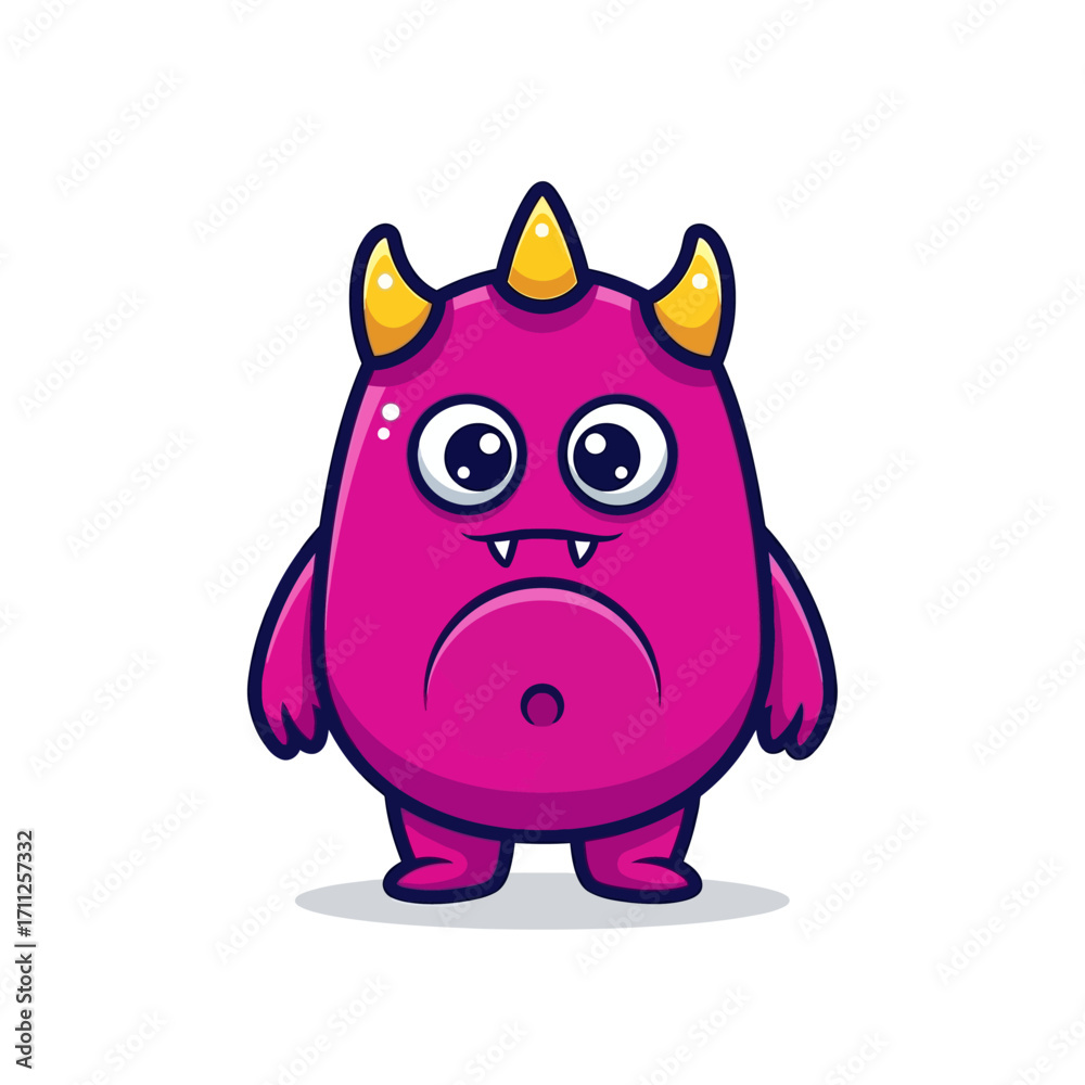 Fototapeta premium Cute Cartoon Monster with Sad Expression, Pink Body, Yellow Horns, and Big Eyes.