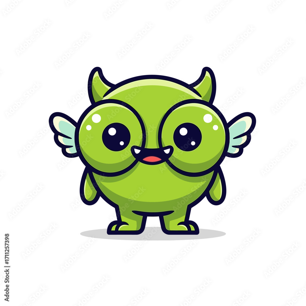 Obraz premium Cute Green Cartoon Monster with Big Eyes, Small Wings, and Horns.