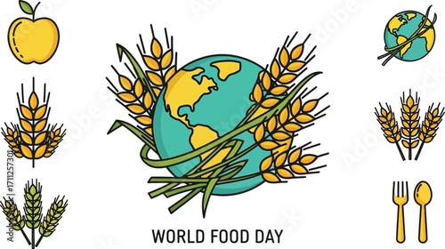 World Food Day color icon set with wheat and apple