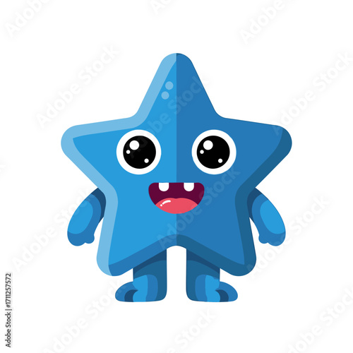 Vibrant blue star character with big, shiny eyes, a wide happy smile, and tiny arms and legs.