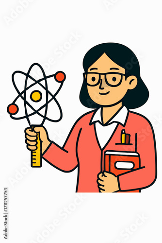 A vector illustration of a teacher with a science model, with solid colors and a white background