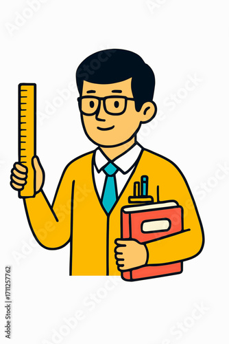 A vector illustration of a teacher holding a ruler and a book, with solid colors and a white background