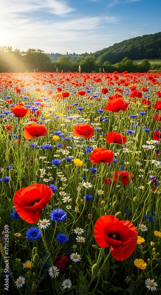 Obraz premium A vibrant meadow bursts with color as numerous wildflowers, including bright red poppies, and various shades of blue, yellow, and white, bloom under a brilliant sky, bathed in the warm glow of the...
