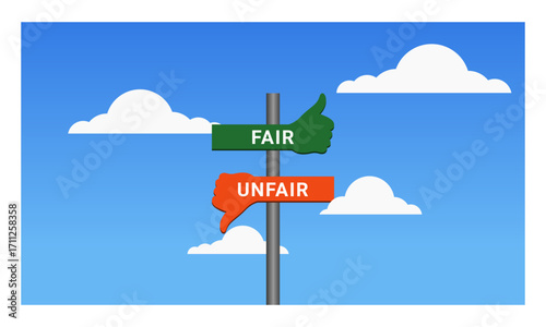 Illustration of a signpost with green thumbs up labeled FAIR and red thumbs down labeled UNFAIR, symbolizing justice, fairness, and ethical choices under a blue sky with clouds.