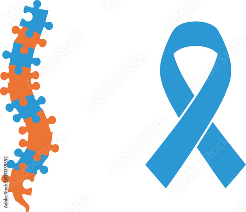 Autism awareness ribbon and puzzle pieces spine for support