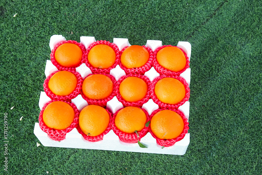 Naklejka premium Fresh Oranges in Red Protective Mesh Packaging on Grass - Premium Citrus Fruit Gift Box Display